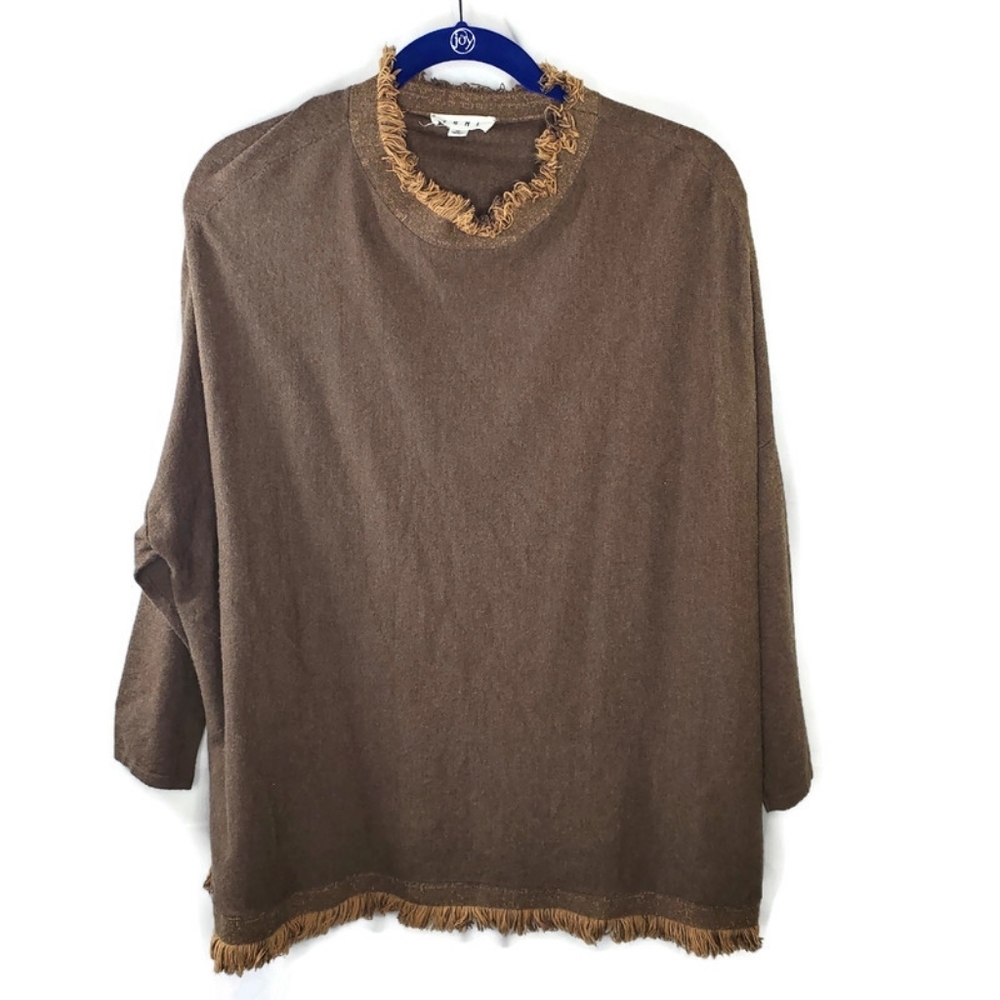 THML Brown Oversized Sweater with Fringe Size Medium 3/4 Sleeve